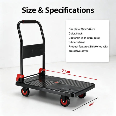 Heavy Duty Folding Platform Hand Truck With Foldable Handle, Flatbed Dolly Cart With Silent Wheels, Workhorse Portable Moving Trolley For Warehouse, Office, Home And Luggage, Easy Storage, 73 By 47 in black with 4 wheels