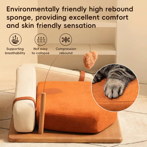 Modern Wooden Pet Hangout Haven With Swinging Toy, Built Like A Tank Oak Veneer Sofa Bed, Ultra Comfy High Resilience Foam Cushion with a dangling toy.