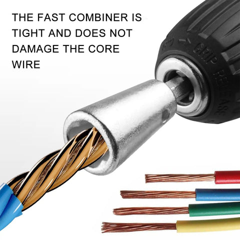 Heavy Duty Drill Mount Wire Strippers Adjustable Cable Peeler For Fast Copper And Aluminum Insulation Removal No Sweat Power Drill Compatible close-up of wire stripper with copper wire.