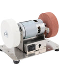 Powerful Mini Electric Bench Grinder With Adjustable Seven-Speed Controls And Cw Ccw Rotation For Metal Wood Polishing Buffing And Cutting Tasks showing motor and dual grinding wheels.