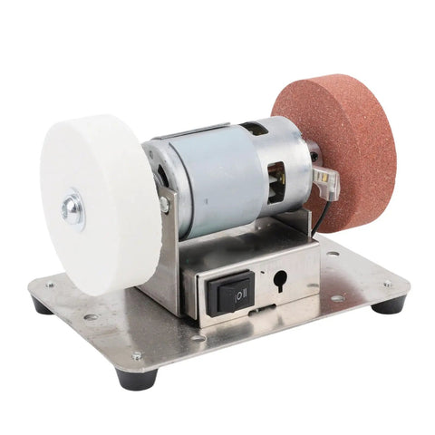 Powerful Mini Electric Bench Grinder With Adjustable Seven-Speed Controls And Cw Ccw Rotation For Metal Wood Polishing Buffing And Cutting Tasks showing motor and dual grinding wheels.
