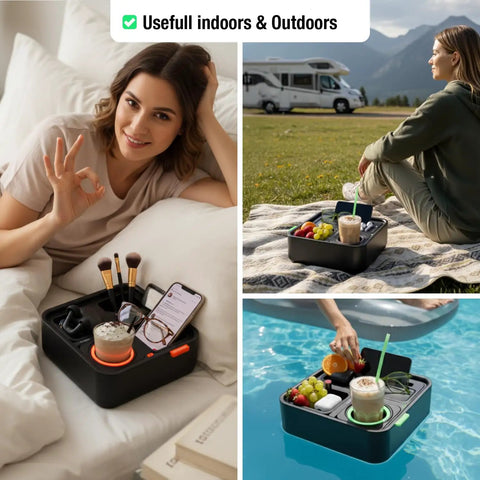 Ultimate Sofa Tray Caddy With Armrest Table, Phone Holder, Remote Organizer And Snack Storage, Gyro Stabilized Cup Holder For Living Rooms, RVs, And Cars Black And Green shown in various settings indoors and outdoors