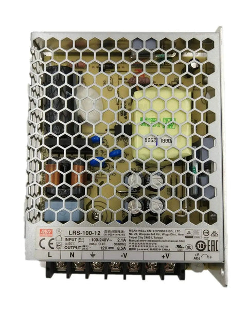Heavy Duty 102W Industrial Switching Power Supply 12V DC 8Amps compact enclosure with metal grill and internal circuitry.