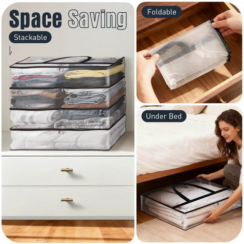 60L Under Bed Storage Bags With Lids And Sturdy Handles, Foldable for Bedding and Clothes, shown stacked and under bed