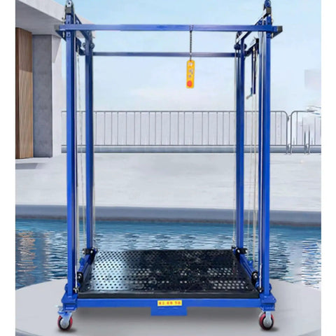 Heavy Duty Electric Lifting Cart And Scaffolding Platform With Wireless Remote Control, blue steel frame, 1.05m wide deck, indoor use.