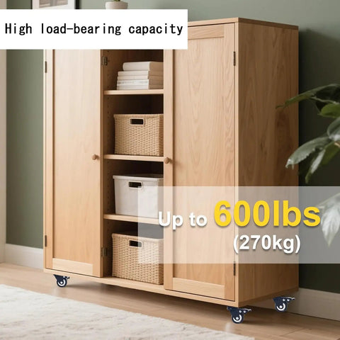 Heavy Duty Four Pack Two Inch Silent Glide Casters With Dual Lock Brakes installed on wooden cabinet for furniture use.