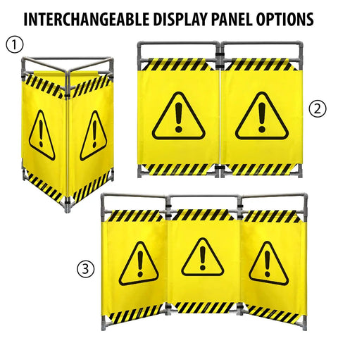 Caution Symbol Foldable Safety Barricade With High Visibility Red Panels, 3 Foot Lightweight Portable Barrier in three setups