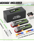 Package contents with 11.1V 5000mAh 3S LiPo Battery Pack With EC5 Plug, dual batteries, voltage checker, manual, and stickers