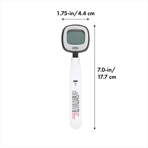 Good Grips Chef's Precision Digital Instant Read Thermometer With 90 Degree Pivot, Ultra Thin Tip, dimensions shown