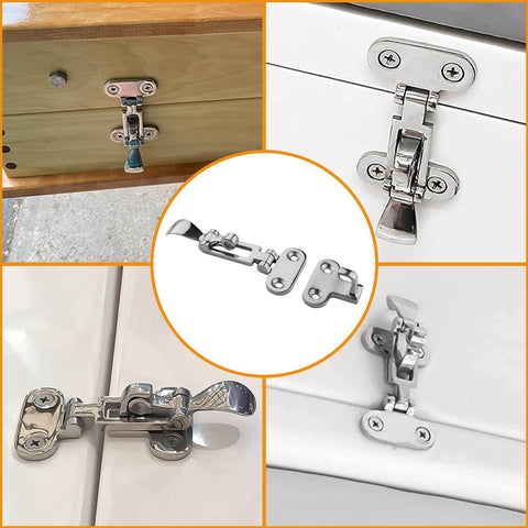 316 Stainless Steel Boat No-Rattle Locking Latch, Hold-Down Clamp For Marine Hatch Hardware shown in various installations on boat cabinets and doors, Pack Of 2