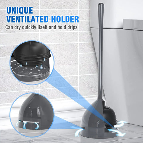 Toilet Plunger With Holder All Angle Design Built Tough For Bathroom Universal 4 Tier Rubber Suction Cup Up To 5.5 Inches Black