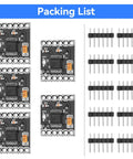 Packing list showing four Dual Channel DC Motor Driver Boards With H Bridge for DIY projects, connectors included, tiny footprint 0.73 by 0.63 inch.