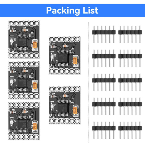 Packing list showing four Dual Channel DC Motor Driver Boards With H Bridge for DIY projects, connectors included, tiny footprint 0.73 by 0.63 inch.