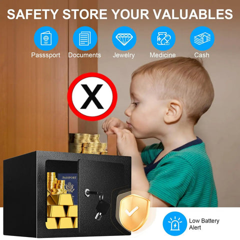 Compact 1.8 Cubic Fireproof Safe for home use shown open with valuables inside, next to child, displaying digital keypad and spare key.