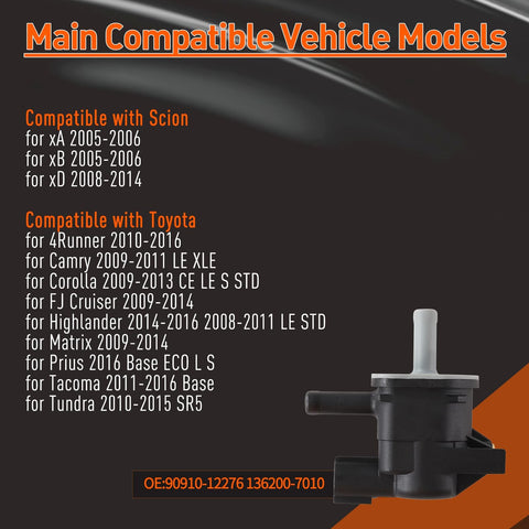 Vapor Canister Purge Valve Vacuum Solenoid Switch For Toyota And Scion with compatible models and part numbers listed beside it.