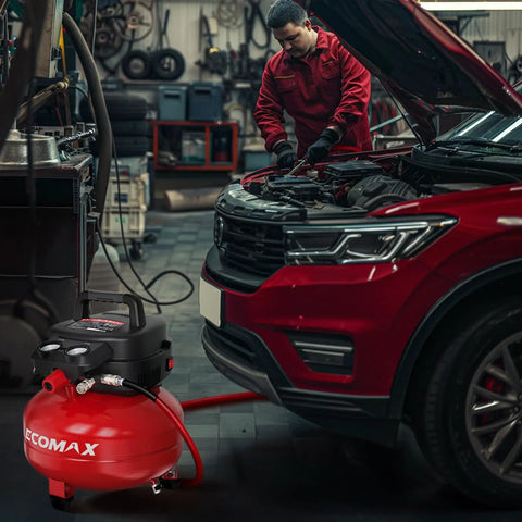Mechanic using Oil Free 6 Gallon Pancake Air Compressor, 175 PSI Portable Little Powerhouse in auto workshop
