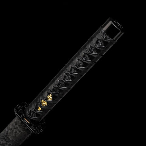 Close-up of hilt on Real Carbon Steel Katana for Iaido Practice and Display, Unsharpened Full Tang Samurai Sword