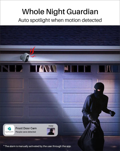 Outdoor night scene with 2K Wireless Security Camera System For Indoor And Outdoor Home Surveillance, highlighting motion detection.