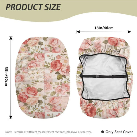 Cool Rose Flower Patchwork Seat Cover For Electric Wheelchair Or Mobility Scooter, shows size dimensions and design details.