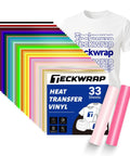 Vibrant 33 Sheets 12x12 Inch Heat Transfer Vinyl Kit with colorful HTV sheets and sample T-shirt showing design possibilities.