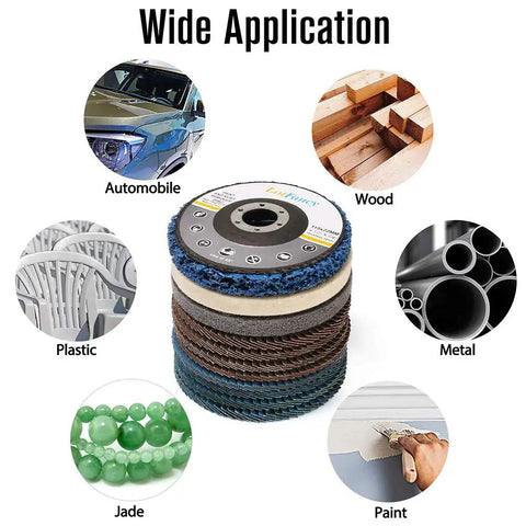 Grab And Go All In One Flap Disc Kit for Angle Grinder 4.5 inch showing versatility for wood, metal, plastic, and more.