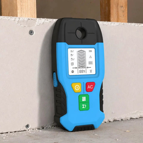 6-in-1 Stud Finder Wall Scanner Auto Shutoff LCD (Blue) displayed against drywall with visible control buttons and LCD screen.