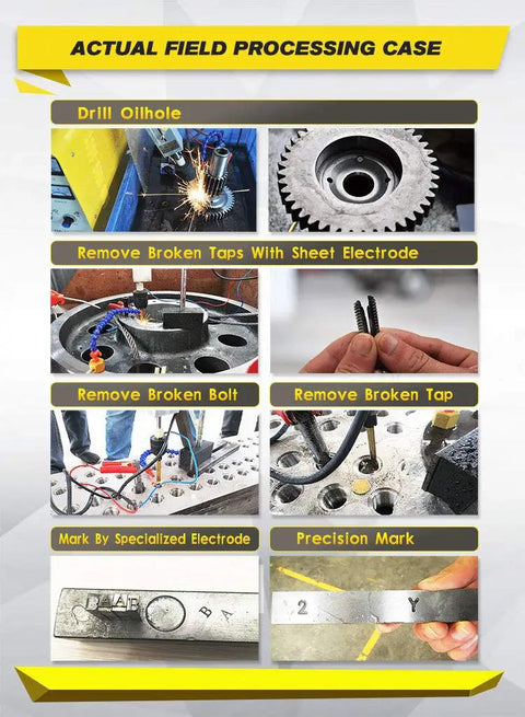 Heavy Duty Portable Tap Remover And Tap Eroder for broken taps, drills, bolts shown in various applications with drill and electrode use