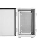 Interior view of Waterproof IP67 ABS Plastic Electrical Junction Box Enclosure with hinged cover and mounting plate.