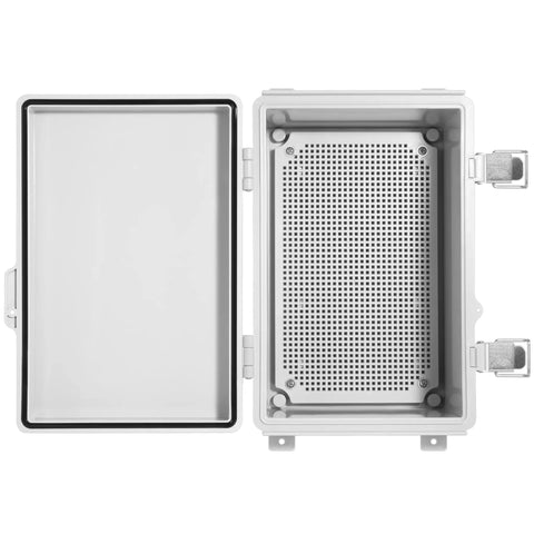 Interior view of Waterproof IP67 ABS Plastic Electrical Junction Box Enclosure with hinged cover and mounting plate.
