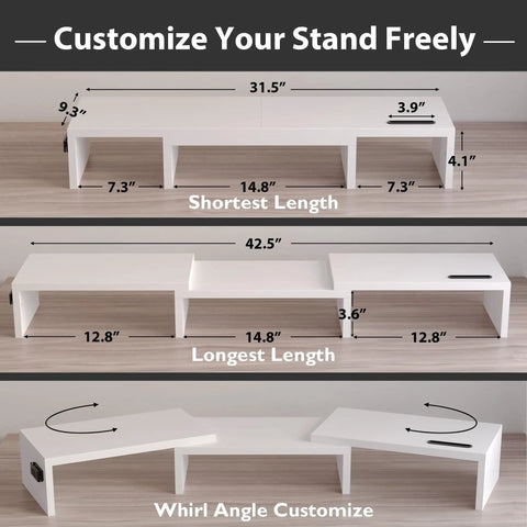Dual Monitor Stand With Smartphone Holder For Your Setup Adjustable Length From 31.5 To 42.5 Inches Swivel Angle Ergonomic Wooden Desk Organizer For PC Monitor Laptop And Printer White with adjustable length and swivel options.