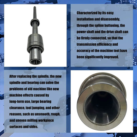 Rock Solid R8 Milling Machine Spindle Shaft With Precision Splines And Heavy Duty Sealed Bearings Complete 545mm Replacement Kit front and detailed view.