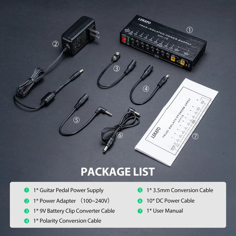 True Isolated Guitar Pedal Power Supply With Ten Outputs Quiet Noise Free Rig Power 9V 12V And 18V DC Options USB Port Short Circuit Protection package contents laid out on a gray surface.