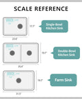 Scale reference image for NeverRust Deluxe Kitchen And Bathroom Sink Sponge Holder Organizer with sizes for different sink types.