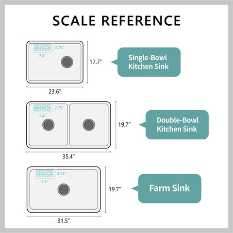 Scale reference image for NeverRust Deluxe Kitchen And Bathroom Sink Sponge Holder Organizer with sizes for different sink types.