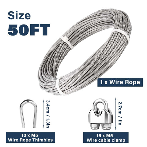 Heavy Duty Three Sixteenth Inch Stainless Steel Wire Rope Kit With Fifty Foot Cable Includes Sixteen M5 Clamps And Ten M5 Thimbles