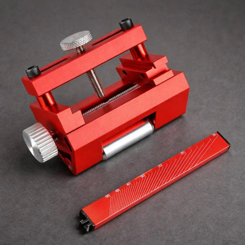 Shop Ready Fixed Angle Sharpening Jig With Built Tough Rigid Metal Frame And Knurled Tightening Knob For Precision Edge Honing On Professional Woodworking Hand Tools, red metal frame, adjustable clamp.