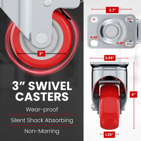 Four Pack Swivel Plate Caster Wheels With Brakes In Red Polyurethane, 3 Inch Locking Casters showing dimensions and design.