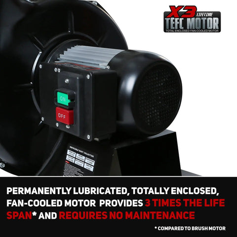 Heavy Duty One Point Five HP Woodshop Dust Collector Generating Ridiculous 1100 Cfm Airflow showcasing a sealed fan-cooled motor.