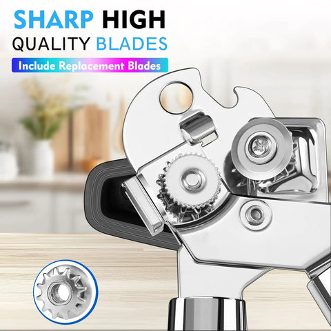 Close-up of Manual Can Opener Heavy Duty Multifunction With Magnet Lift Plus Ergonomic Curved Handle Grip Stainless Steel