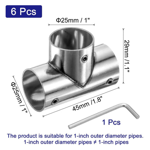 Six Piece 1 Inch Tee Pipe Connectors Set For DIY Shelves And Garden Supports, 3 Way Corner Fittings With Wrench, Stainless Steel, Silvery Finish