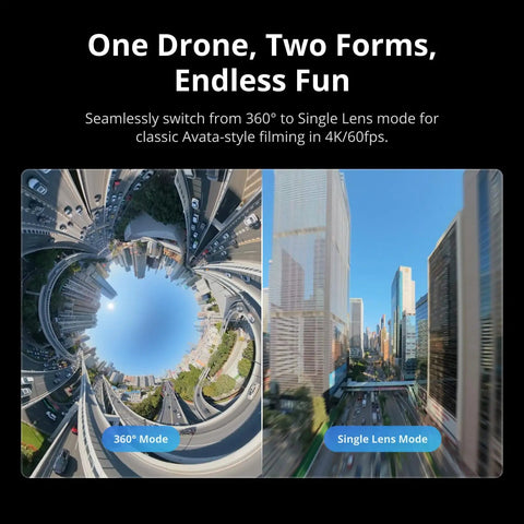 360 Degree FPV Drone With 1 Inch 8K 360 Imaging, Prop Guard, And RC 2 Built In Screen Remote showing 360° and single lens views