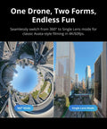 Avata 360 Fly More Combo RC 2 Drone showcasing 360° and single lens mode for FPV aerial filming with urban cityscapes.