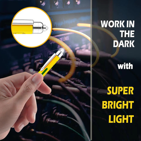 Person using Multi Tool Pen Gift Set For Dad And Guys Stylus And Ballpoint Pen With 6 Refills 4 Inch Ruler Level Phillips Screwdriver LED Light Cool Gadget Gift Box For Fathers Day Christmas Birthday to illuminate cables in dark.