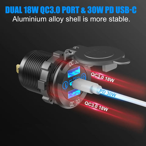 Beefed Up 12 Volt USB Outlet RV Marine Switch Panel showing dual PD30W USB port and QC18W fast USB in aluminum shell