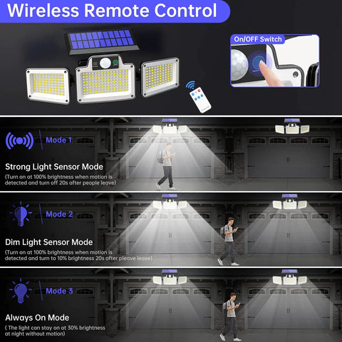 Solar Outdoor Motion Sensor Lights With 280 LED Waterproof IP65 Garden Flood Lights With Remote Control showing three lighting modes