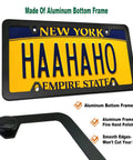 Front License Plate Mounting Kit No Drill Easy Install Plastic Front Plate Adapter With Black Aluminum Frame Car Tag Holder Cover Universal US Vehicle Trailer Truck Mount Screws Caps Included, displayed with New York license plate and smooth edges close-up.