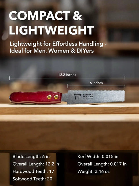 Heavy Duty Six Inch Japanese Flush Cut Saw With Double Edge Pull Design shown with dimensions and details for woodworking.