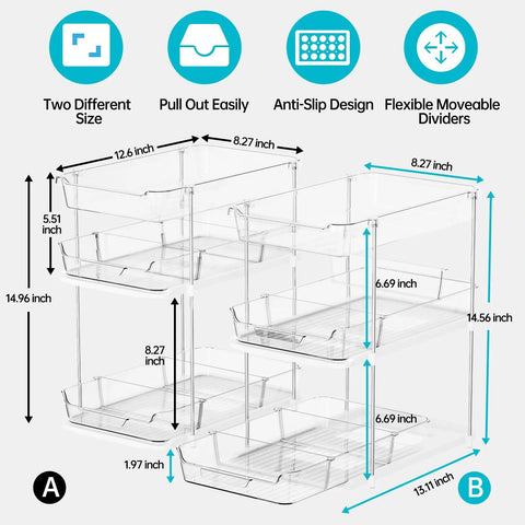 Total Game Changer Clear Three Tier Under Sink Organizer Two Pack showing dimensions and features for easy storage.