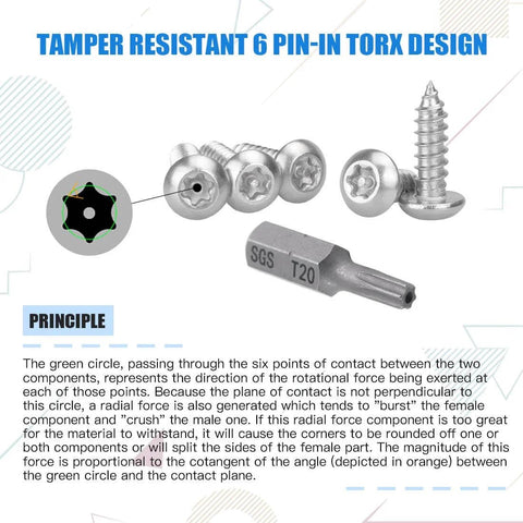 50 Pack Number Eight One Half Inch Torx Security Sheet Metal Screws Button Head Tamper Resistant Stainless Steel 304 With T20 Bit close-up.