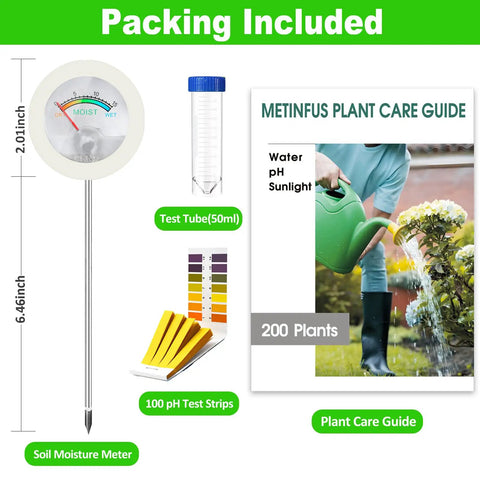All-In-One Soil Moisture Meter and pH Test Kit for Indoor Outdoor Plants with 200 Plus Plant Care Guide, 100 pH Strips, 50ml Test Tube